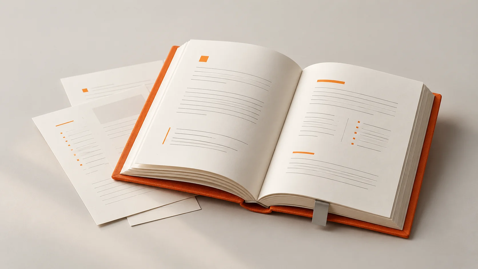 An open orange documentation handbook with neatly arranged guide pages